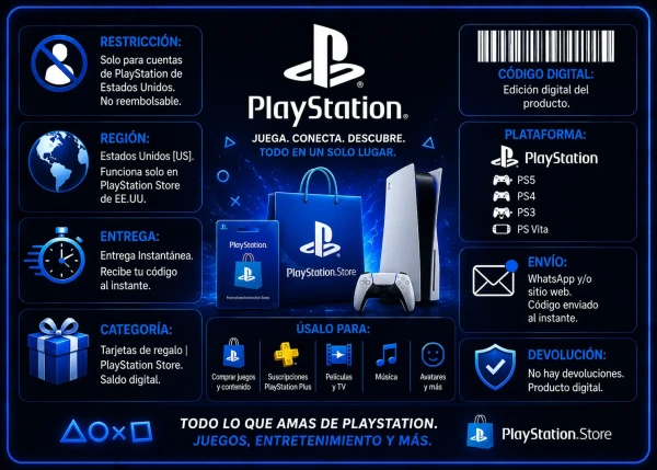 Tarjeta digital de PlayStation Store USA para PS5 y PS4 con diseño azul premium, entrega instantánea, código digital y compatibilidad con cuentas de Estados Unidos.
