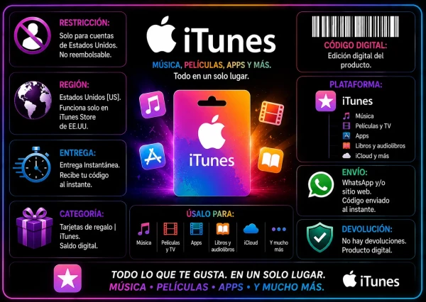Banner promocional de iTunes Gift Card USA con entrega digital instantánea y compatibilidad con música, películas, apps y servicios Apple.
