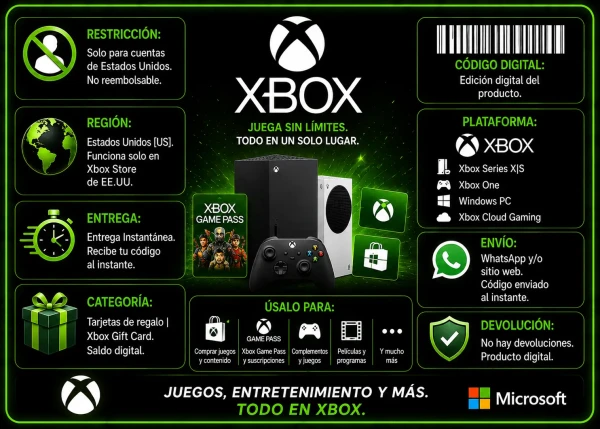 Banner promocional de Xbox Gift Card USA con entrega digital instantánea y compatibilidad con Xbox Series X|S, Xbox One y Windows PC.
