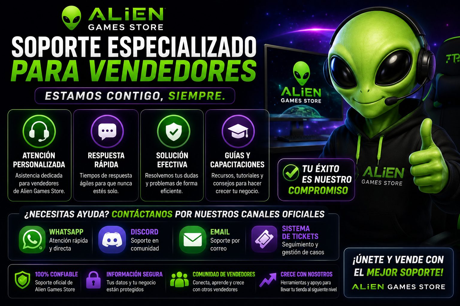 Banner futurista de soporte especializado para vendedores de AlienGames.Store con alien verde usando headset y secciones de atención, Discord y capacitación.