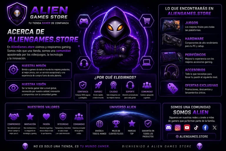 Imagen corporativa futurista de AlienGames.Store con temática gamer cyberpunk mostrando misión, visión, valores y comunidad gaming internacional.