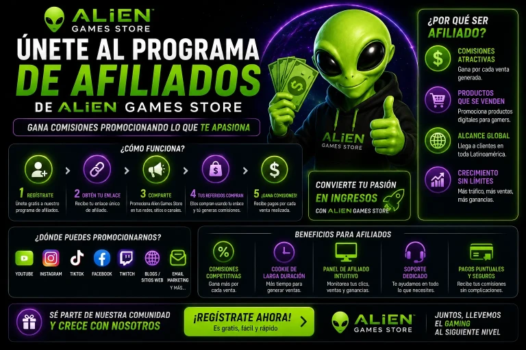 Banner futurista de AlienGames.Store sobre programa de afiliados gaming con alien verde sosteniendo dinero y explicando comisiones y beneficios.