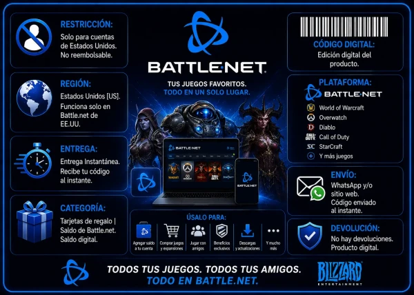 Banner informativo de Battle.net Gift Card Estados Unidos con entrega digital instantánea y compatibilidad con juegos Blizzard y Activision.