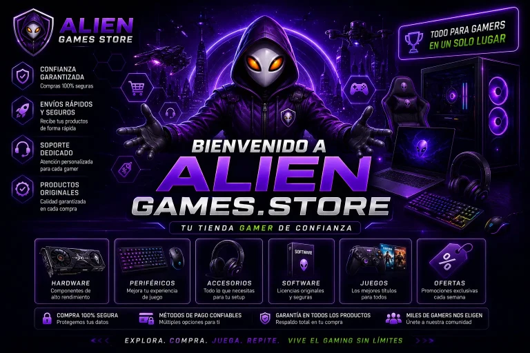 Banner futurista de bienvenida de AlienGames.Store con mascota alienígena cyberpunk, periféricos gaming RGB y categorías de hardware, juegos y accesorios.