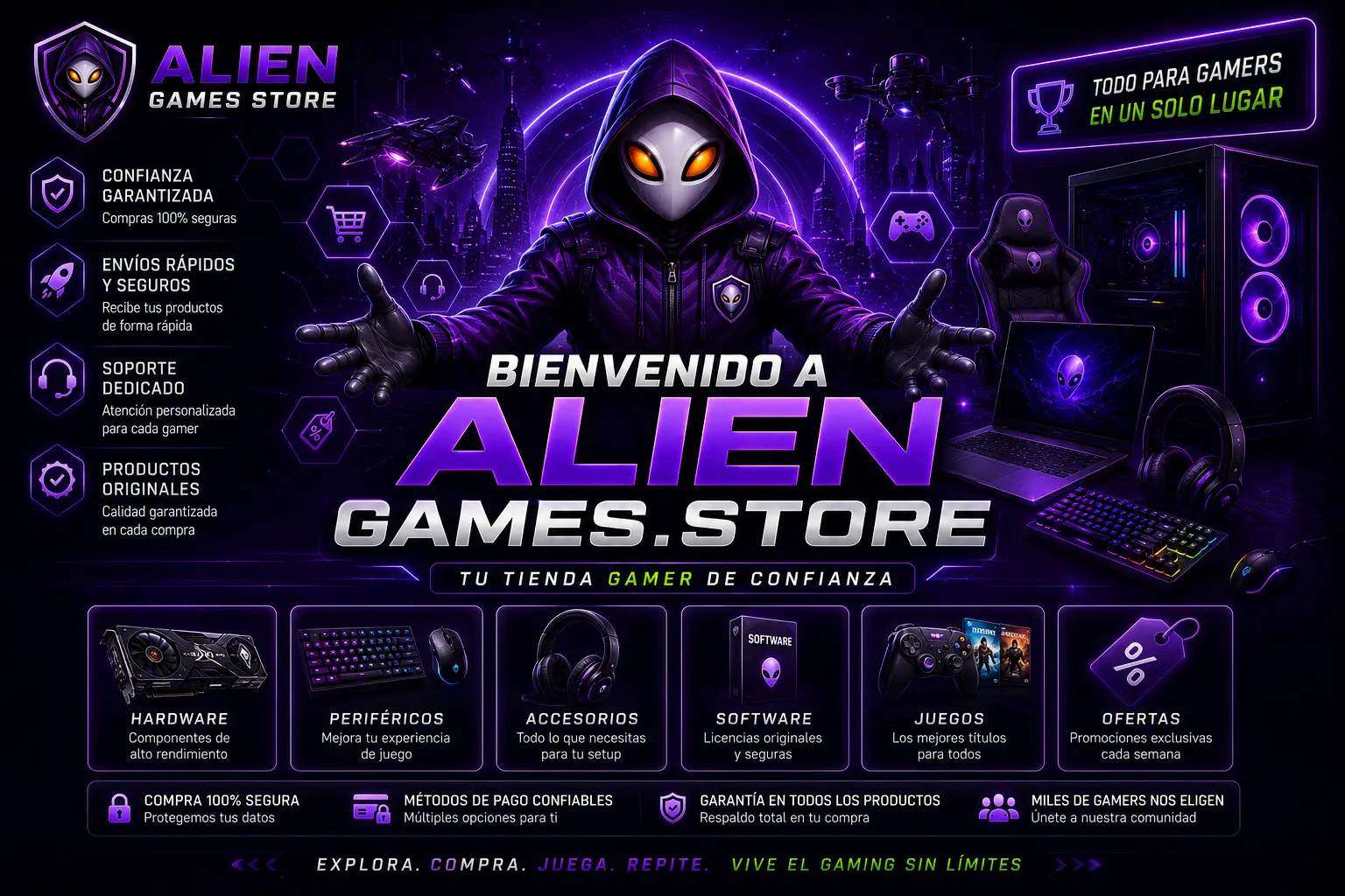Banner futurista de bienvenida de AlienGames.Store con mascota alienígena cyberpunk, periféricos gaming RGB y categorías de hardware, juegos y accesorios.