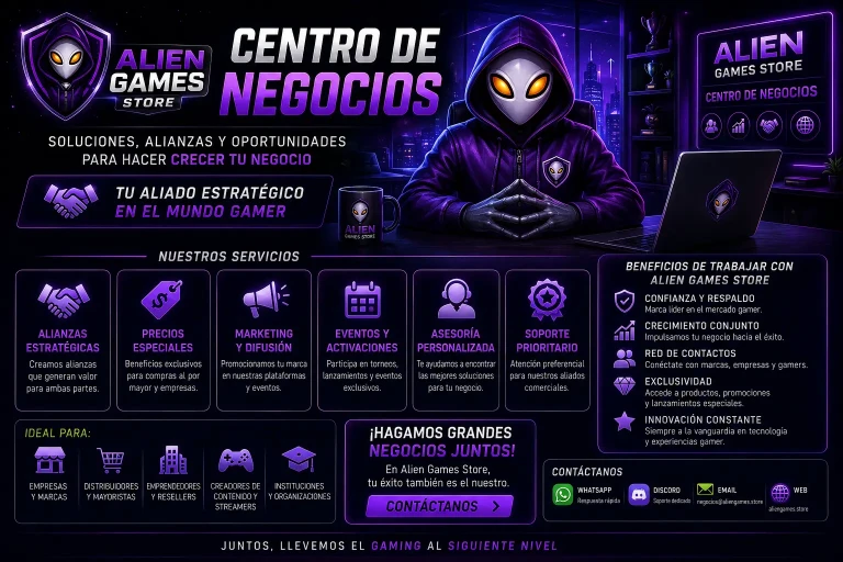 Banner futurista de AlienGames.Store sobre alianzas y negocios gaming, con mascota alien cyberpunk en oficina tecnológica y servicios para empresas gamer.