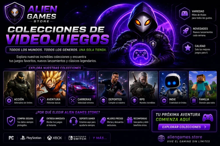 Banner futurista de AlienGames.Store mostrando colecciones de videojuegos por género como acción, aventura, carreras, deportes, RPG, indie y familia.