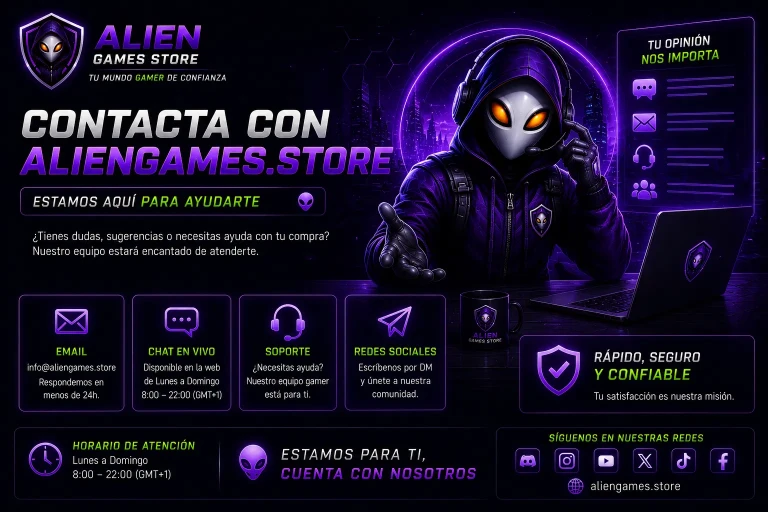 Banner futurista de soporte y contacto de AlienGames.Store con estética cyberpunk gamer y un alienígena usando headset de atención al cliente.