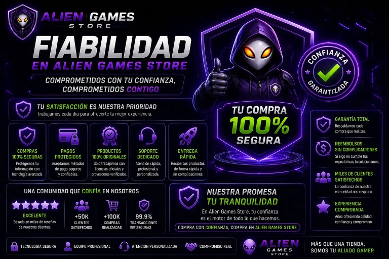 Banner gamer futurista de AlienGames.Store sobre fiabilidad y compras seguras, con mascota alienígena cyberpunk y mensajes de confianza, protección y garantía total.