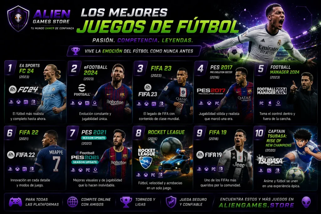 Banner gamer de los mejores juegos de fútbol con estilo neón cyberpunk, jugadores famosos y branding de AlienGames.Store.