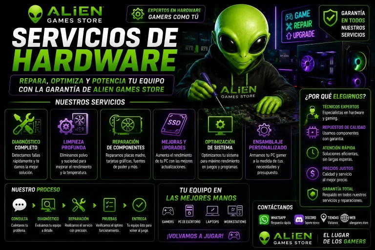 Banner futurista de AlienGames.Store sobre servicios de hardware gamer con alien técnico reparando una PC gaming RGB y ofreciendo upgrades y optimización.