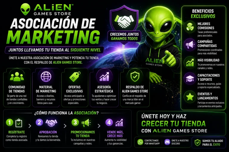 Banner futurista de AlienGames.Store sobre asociación de marketing gamer con alien verde, beneficios exclusivos y crecimiento para tiendas y marcas.