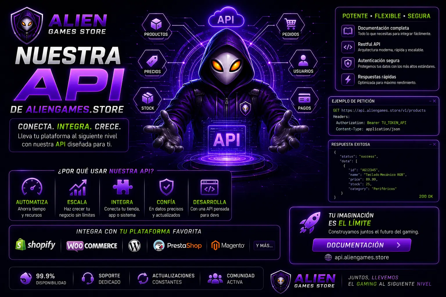Imagen futurista promocional de la API de AlienGames.Store con temática cyberpunk gamer, mostrando integración de productos, pagos, usuarios y pedidos mediante una API moderna.