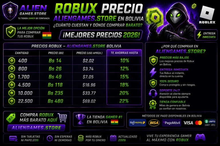 Banner gamer premium mostrando precios de Robux en Bolivia con tabla de precios, estética cyberpunk verde y púrpura y mascota alienígena futurista.