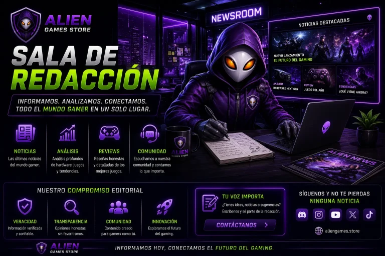 Banner futurista de AlienGames.Store estilo newsroom gaming con mascota alienígena cyberpunk escribiendo noticias sobre videojuegos, análisis y reviews.