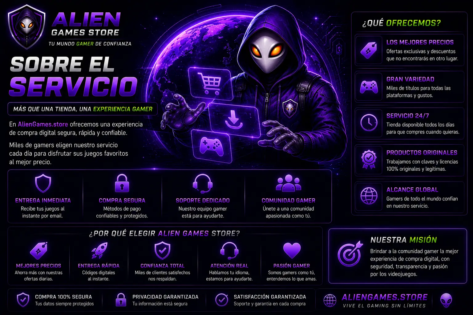 Banner corporativo futurista de AlienGames.Store con mascota alienígena encapuchada, temática gamer cyberpunk púrpura y beneficios del servicio digital.