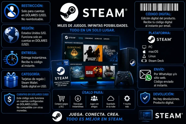 Banner informativo de Steam Gift Card USD con restricciones de región, entrega digital instantánea y compatibilidad para PC y Steam Deck.