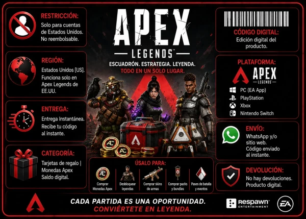 Gift Card digital de Apex Legends USA con entrega inmediata y compatible con PC, PlayStation, Xbox y Nintendo Switch en AlienGames.Store.