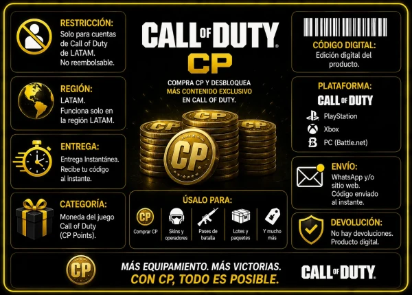 Tarjeta digital Call of Duty CP LATAM con diseño negro y dorado, monedas CP, entrega instantánea y compatibilidad para PlayStation, Xbox y PC Battle.net.