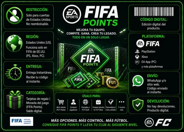 Gift Card digital de FIFA Points USA con entrega inmediata y compatible con PlayStation, Xbox y PC en AlienGames.Store.