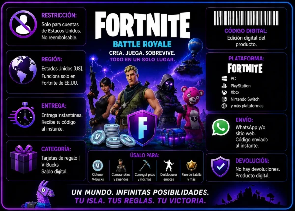 Gift Card digital de Fortnite V-Bucks USA con entrega inmediata y compatible con PC, PlayStation, Xbox y Nintendo Switch en AlienGames.Store.