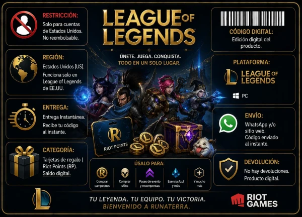 Gift Card digital de League of Legends Riot Points USA con entrega inmediata y compatible con PC en AlienGames.Store.
