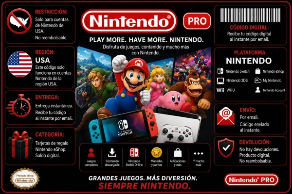 Banner promocional de Nintendo eShop USA con entrega digital instantánea y compatibilidad con Nintendo Switch y cuentas región Estados Unidos.