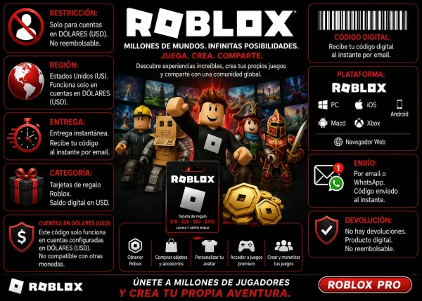 Gift Card digital de Roblox USA con entrega inmediata, compatible con PC, iOS, Android y Xbox en AlienGames.Store.
