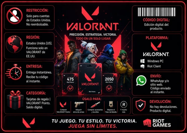 Gift Card digital de VALORANT Points USA con entrega inmediata y compatible con Riot Games en AlienGames.Store.
