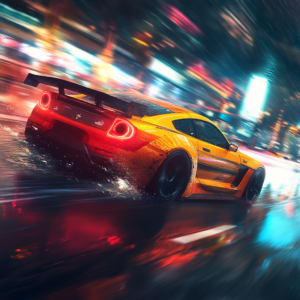 Imagen de alta velocidad con un auto deportivo derrapando en una carretera urbana iluminada por luces de neón, representando la adrenalina de Need for Speed.