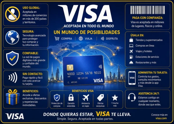 Tarjeta Visa digital global con uso internacional, compras online seguras y aceptación mundial en millones de comercios.