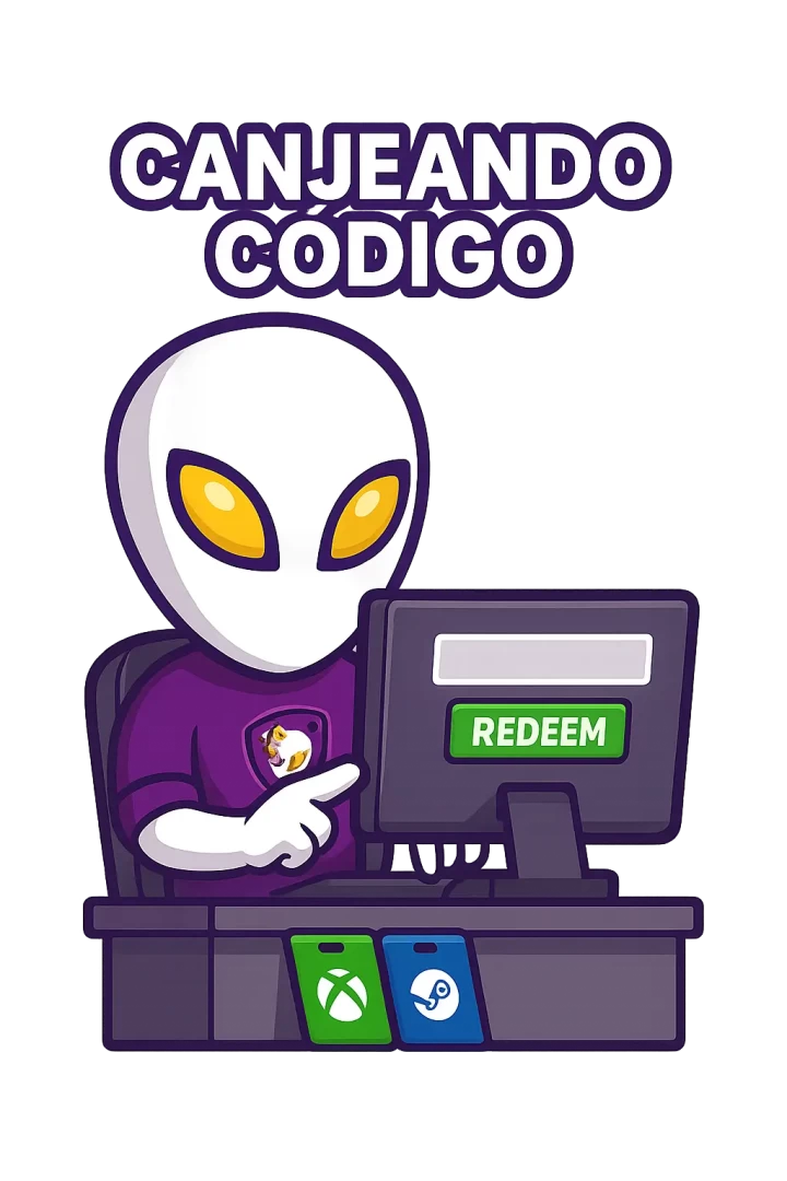 Mascota explicando cómo comprar en AlienGames.Store