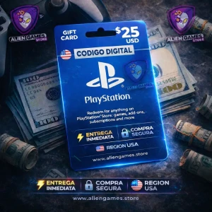 Tarjeta PlayStation Store de 25 dólares PSN USA código digital para recargar saldo en PlayStation Network y comprar juegos, DLC y suscripciones en PlayStation Store con entrega inmediata.