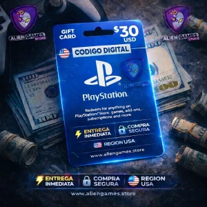 Tarjeta PlayStation Store de 30 dólares PSN USA código digital para agregar saldo a PlayStation Network y comprar juegos, DLC y contenido digital en PlayStation Store con entrega inmediata.