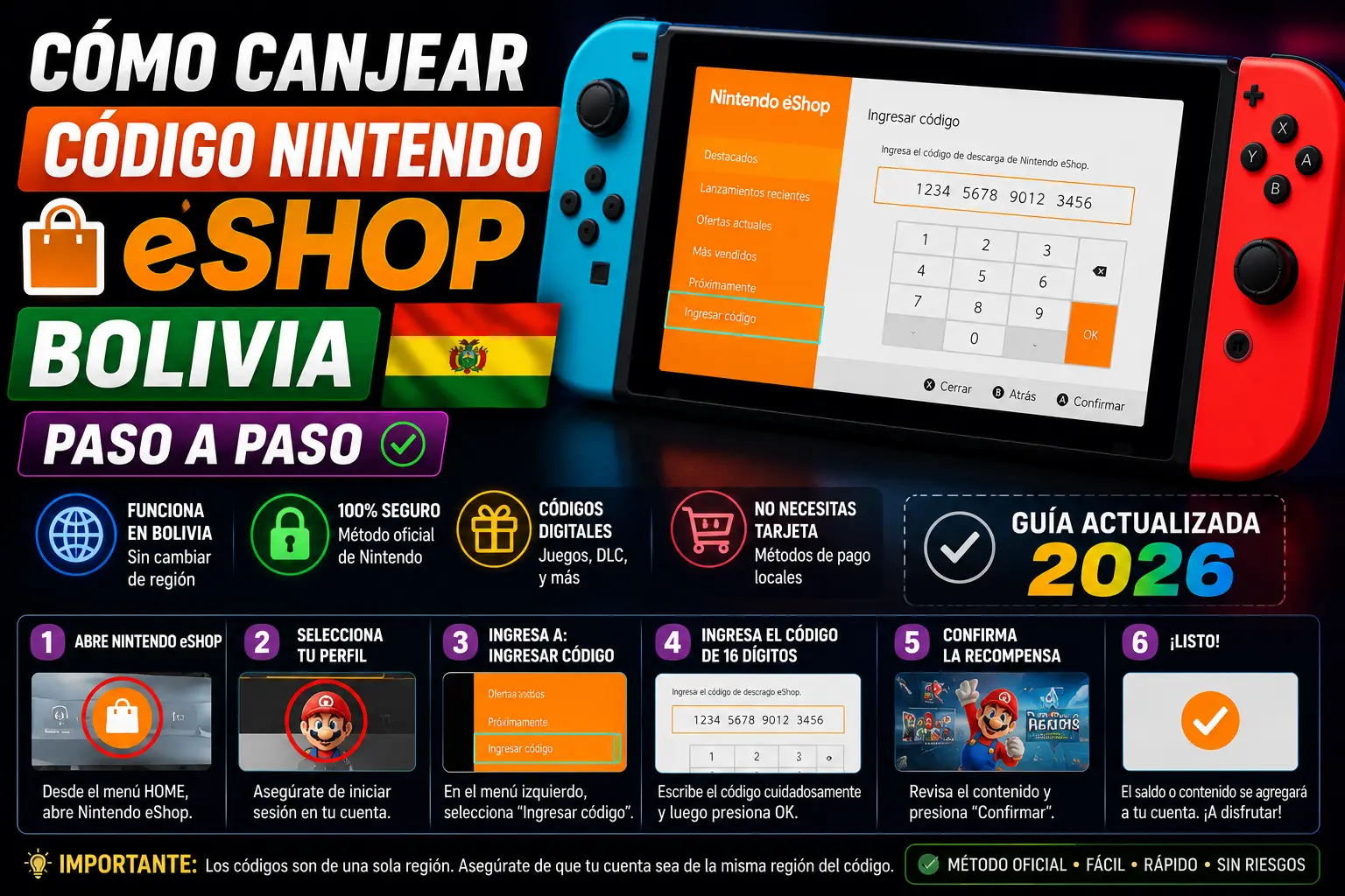 Guía paso a paso para canjear códigos Nintendo eShop en Bolivia usando Nintendo Switch y saldo digital en 2026.