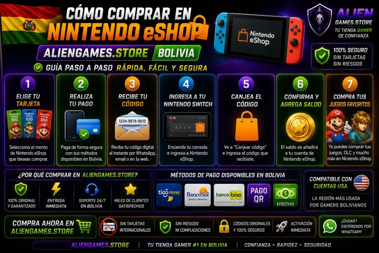 Guía paso a paso para comprar Nintendo eShop USA en Bolivia usando AlienGames.Store con entrega inmediata y códigos originales.