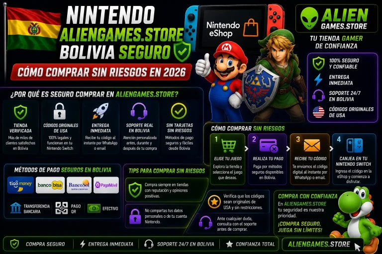 Guía segura 2026 para comprar Nintendo eShop USA en Bolivia usando AlienGames.Store con entrega inmediata y códigos originales.