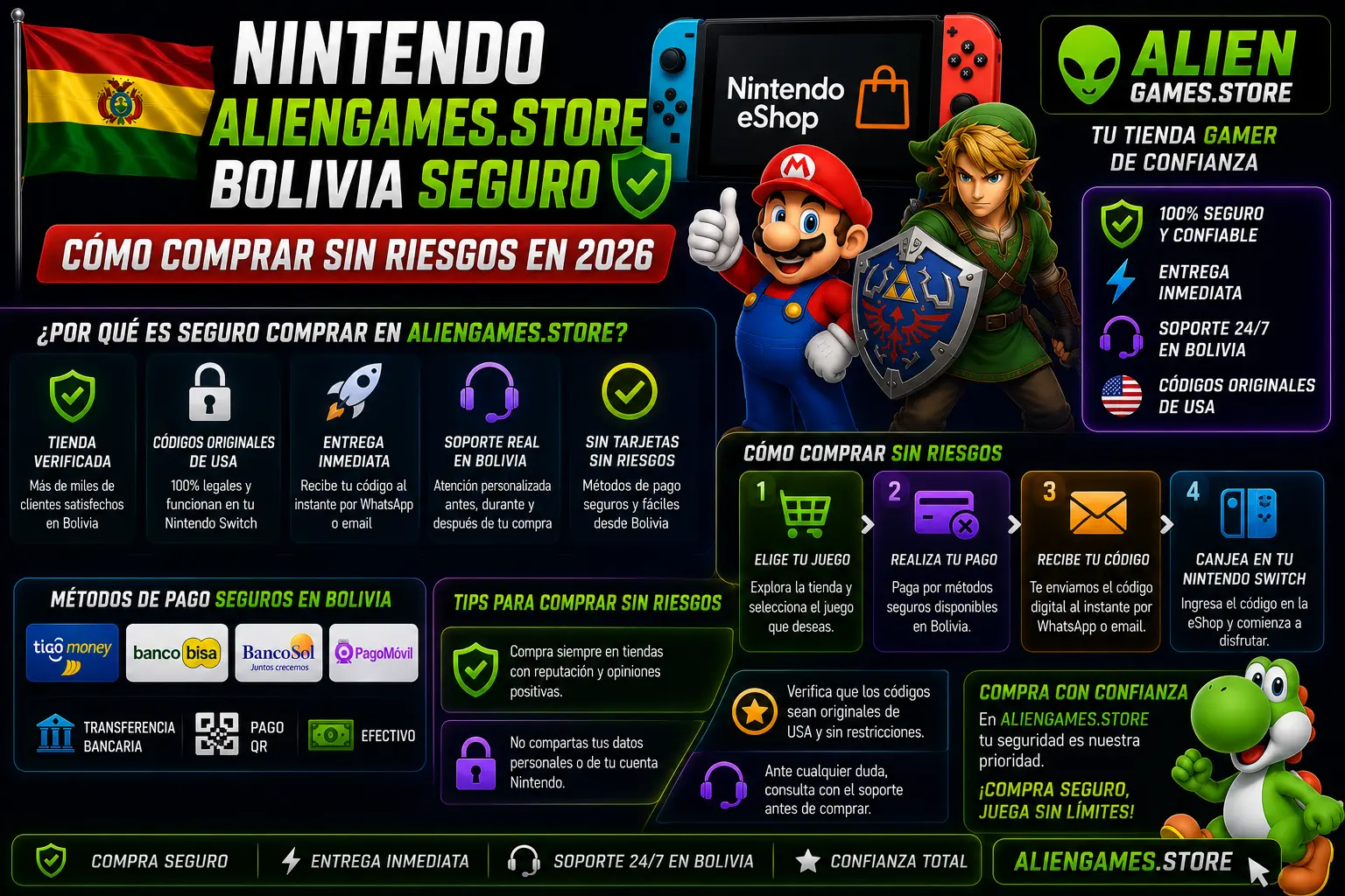 Guía segura 2026 para comprar Nintendo eShop USA en Bolivia usando AlienGames.Store con entrega inmediata y códigos originales.