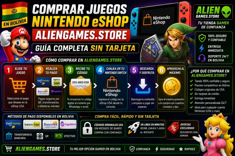 Guía completa para comprar juegos Nintendo eShop USA en Bolivia sin tarjeta usando AlienGames.Store con entrega inmediata.