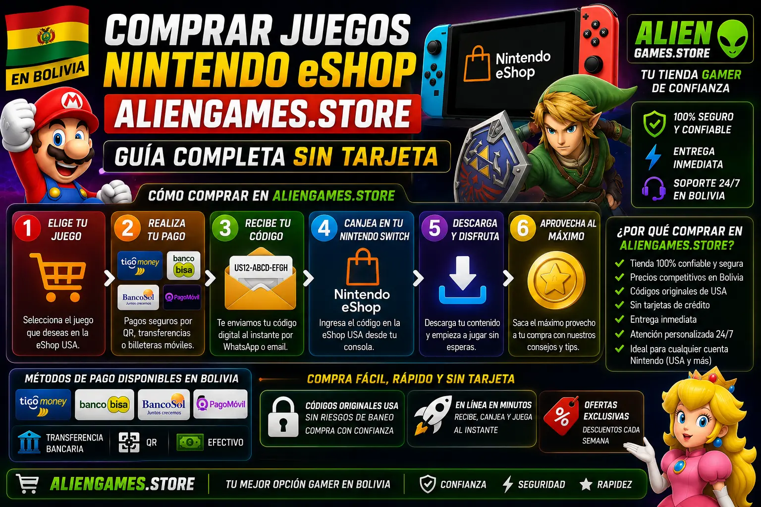 Guía completa para comprar juegos Nintendo eShop USA en Bolivia sin tarjeta usando AlienGames.Store con entrega inmediata.
