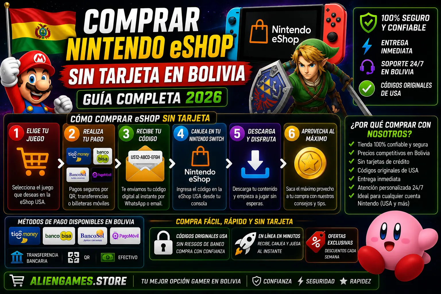 Guía completa 2026 para comprar Nintendo eShop USA sin tarjeta en Bolivia usando AlienGames.Store con entrega inmediata.