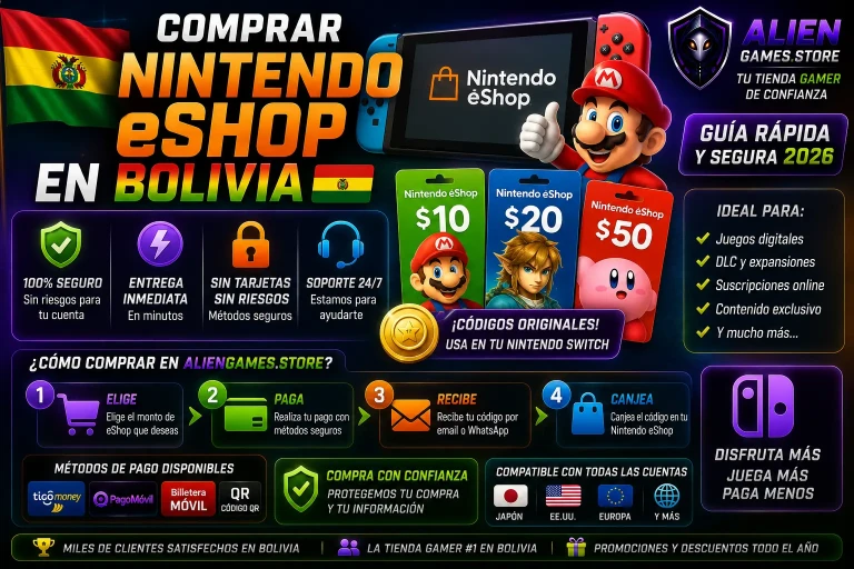 Guía rápida y segura 2026 para comprar Nintendo eShop en Bolivia con entrega inmediata y códigos originales en AlienGames.Store.