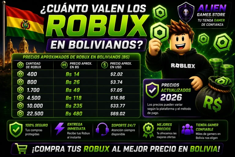 Tabla de precios actualizados 2026 de Robux en bolivianos con entrega inmediata y compra segura en AlienGames.Store.