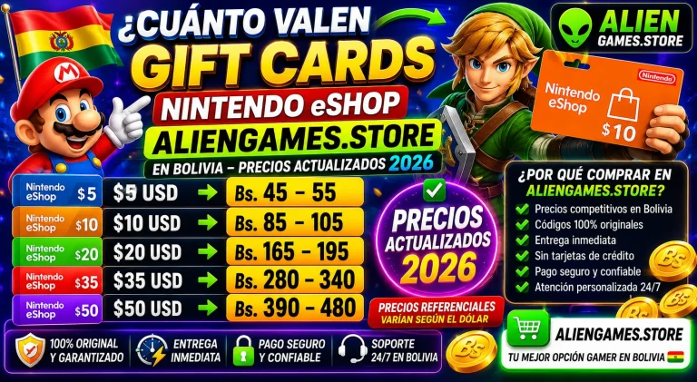 Tabla de precios actualizados 2026 de Gift Cards Nintendo eShop USA en Bolivia con entrega inmediata en AlienGames.Store.