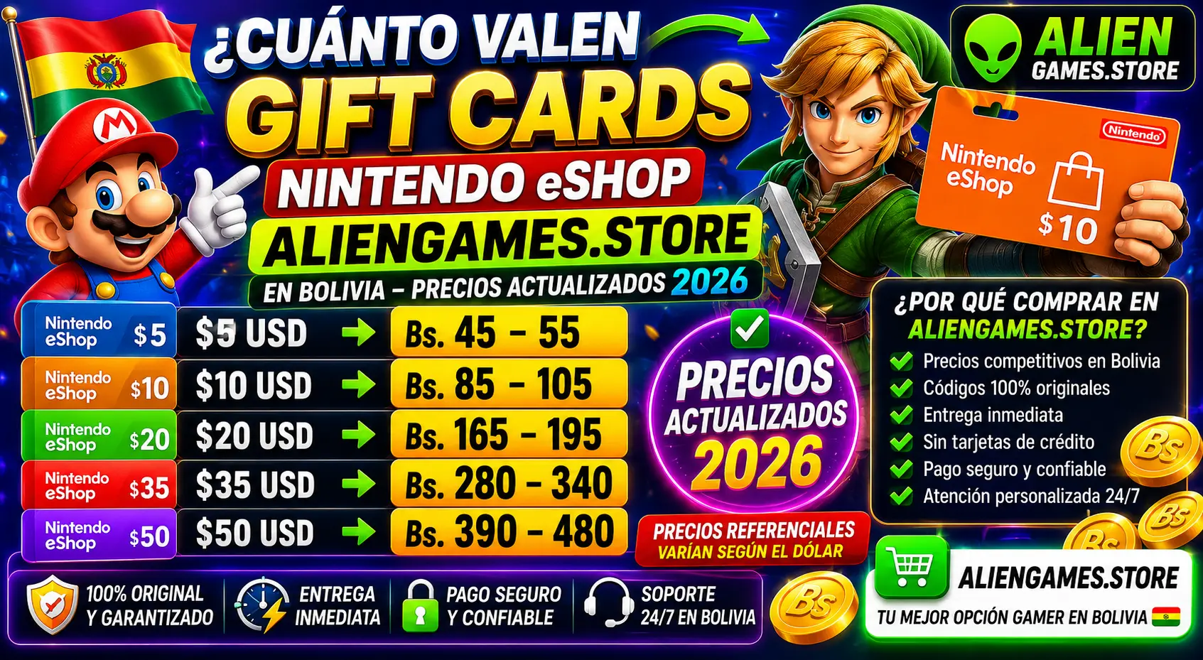 Tabla de precios actualizados 2026 de Gift Cards Nintendo eShop USA en Bolivia con entrega inmediata en AlienGames.Store.