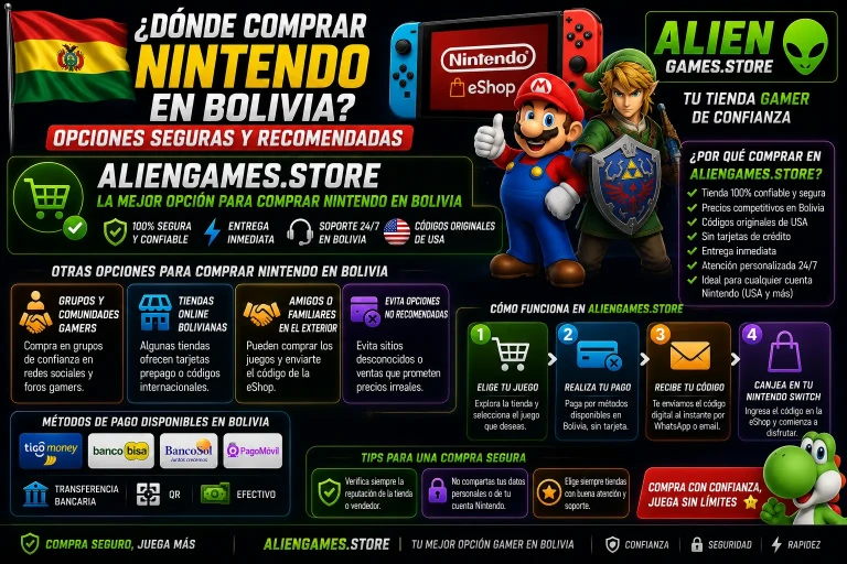 Guía para comprar Nintendo eShop en Bolivia de forma segura usando AlienGames.Store con entrega inmediata y códigos originales USA.