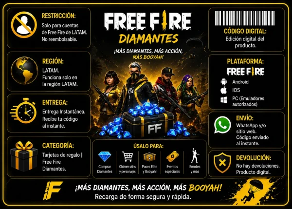 Tarjeta digital Free Fire Diamantes LATAM con diseño gamer amarillo y negro, entrega instantánea, código digital y compatibilidad para Android, iOS y PC.