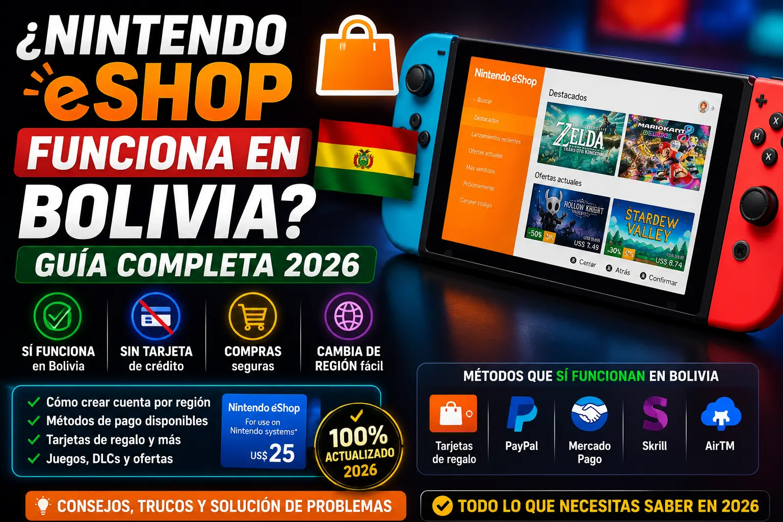 Banner informativo sobre Nintendo eShop en Bolivia 2026 mostrando Nintendo Switch, métodos de pago compatibles y guía completa para gamers bolivianos.