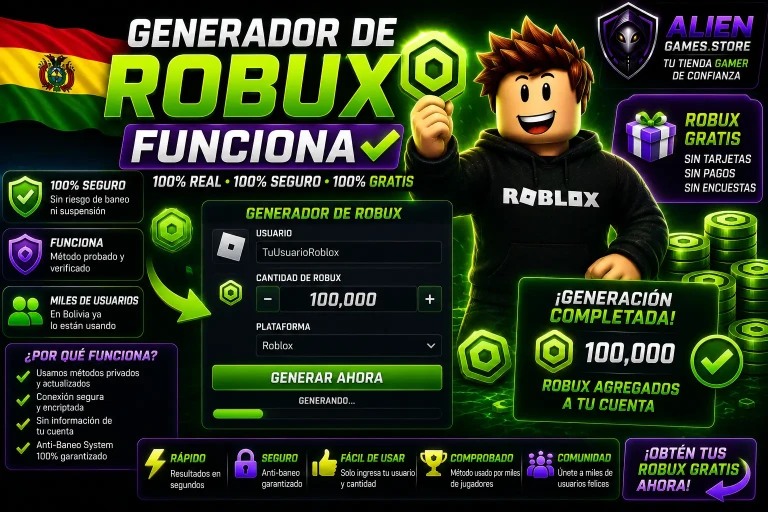 Imagen promocional de generador de Robux gratis para Roblox en Bolivia con diseño gaming verde neón y branding de AlienGames.Store.