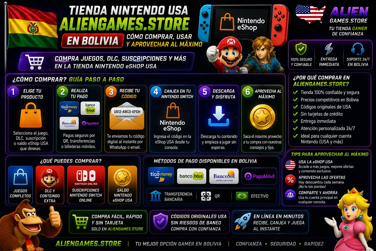 Guía completa para comprar saldo Nintendo eShop USA en Bolivia usando AlienGames.Store con entrega inmediata y códigos originales.